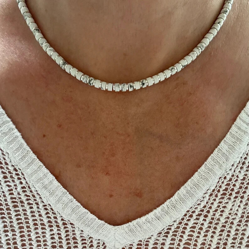 4mm White Buffalo Heishi Necklace, Women’s Men’s Unisex Beaded Gemstone Necklace