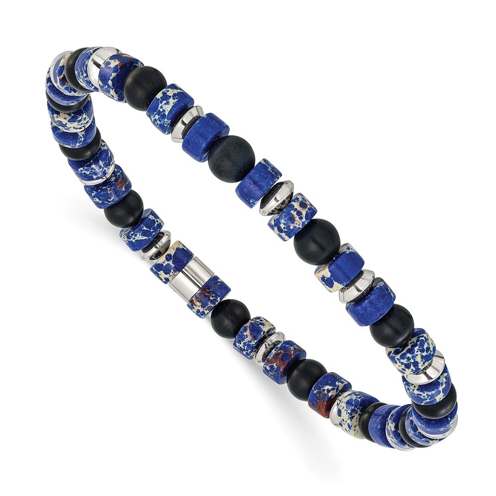 Stainless Steel 6.40mm Blue Emperor and Black Onyx Beaded Stretch Bracelet 7.5″