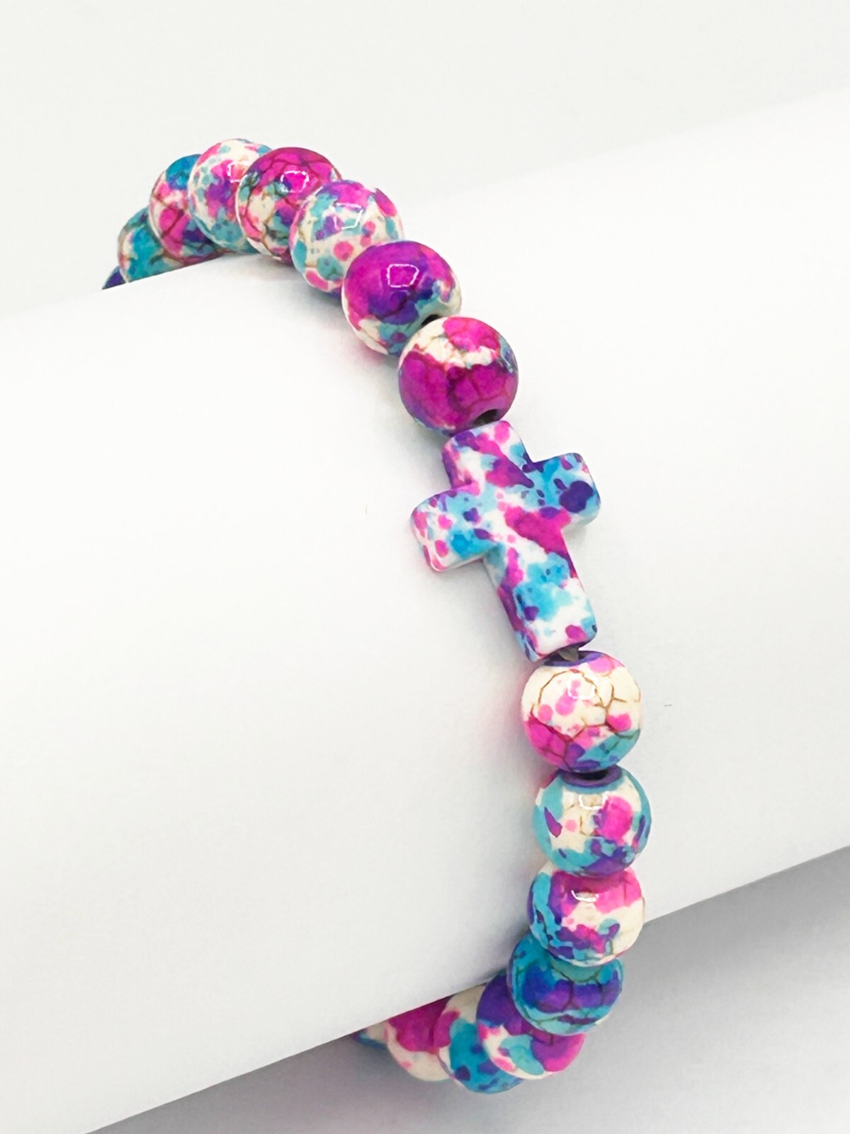 Synthetic Dyed Turquoise Beaded Stretch Bracelet with Cross, 6 mm Beads