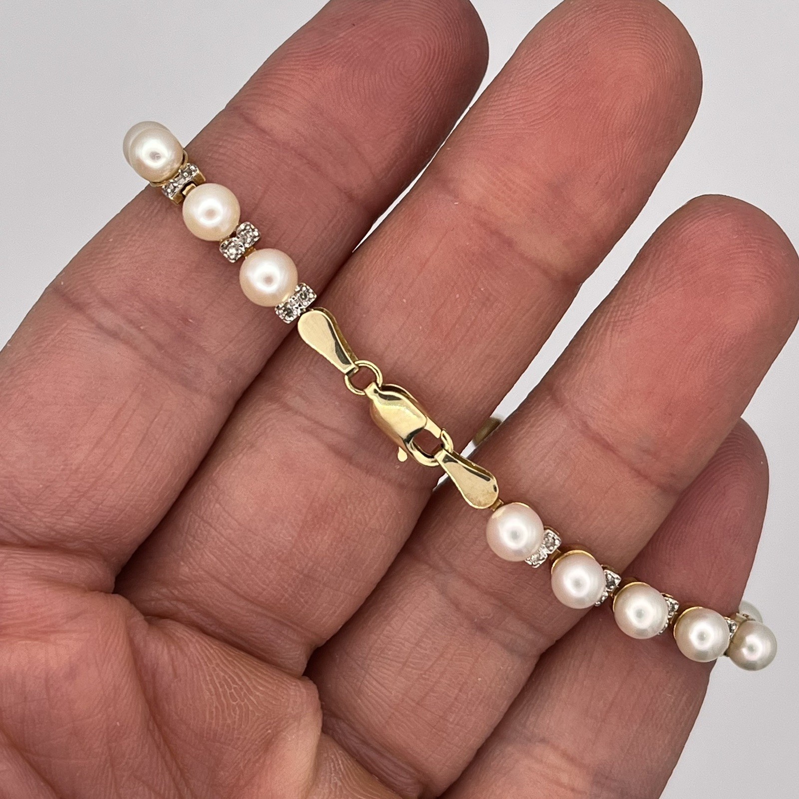 14k Yellow Gold Ladies 4.7mm Pearl & Diamond Tennis Bracelet w Lobster Clasp 7″