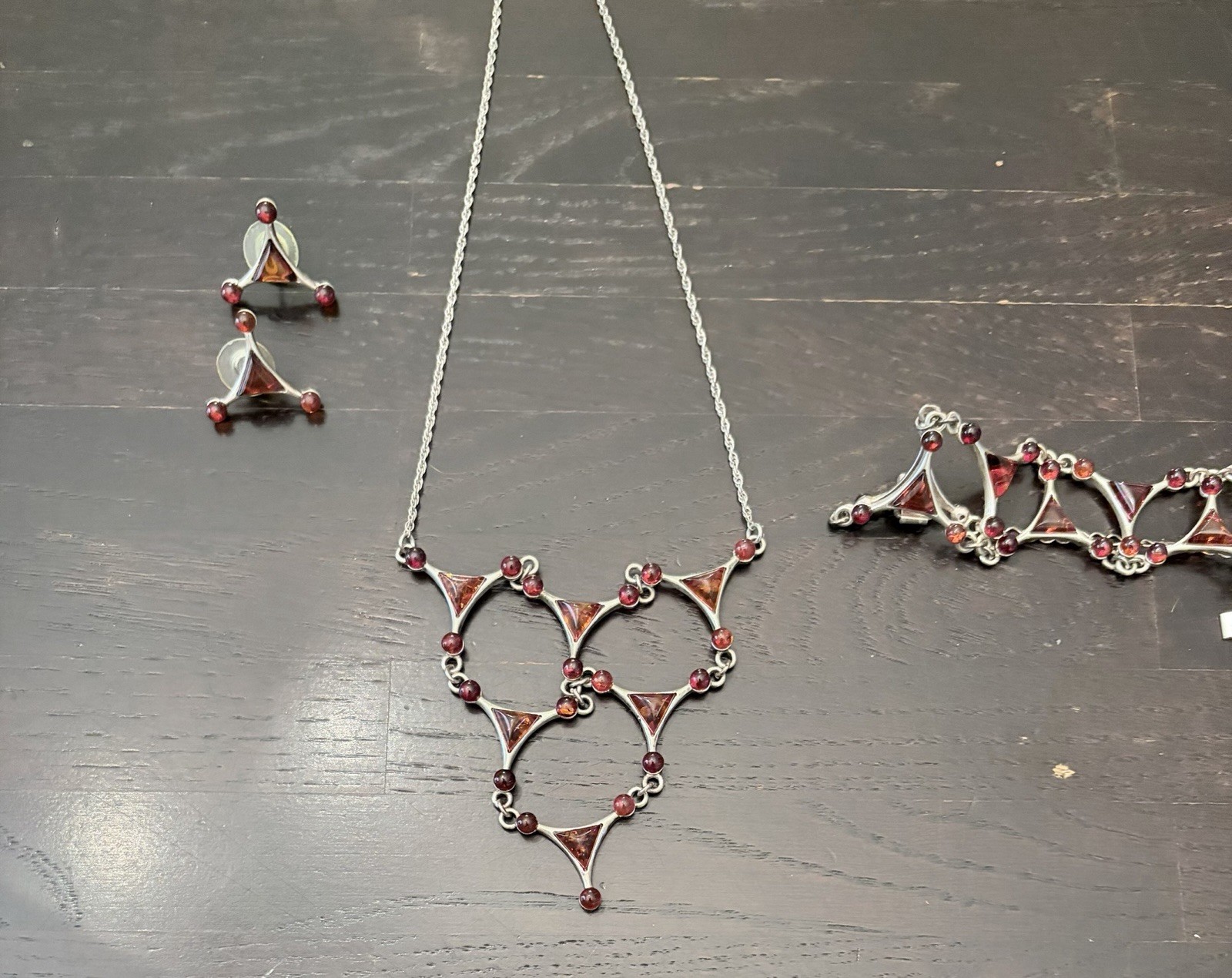 Vtg Sterling Silver Burgundy Bib Triangular 925 Necklace, Bracelet Earrings Set