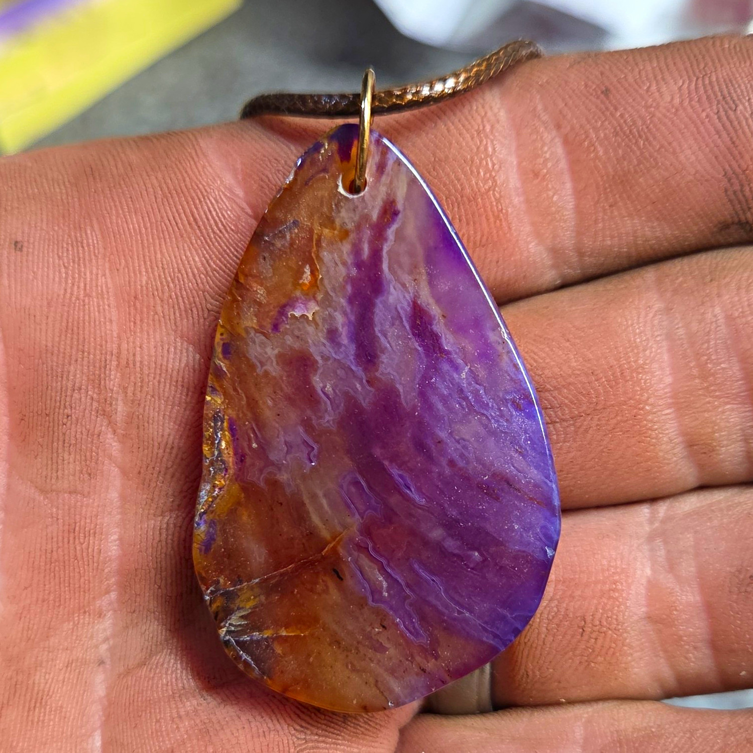 Purple Brown Teardrop Agate Pendant Charm Necklace Chain Lobster Closure