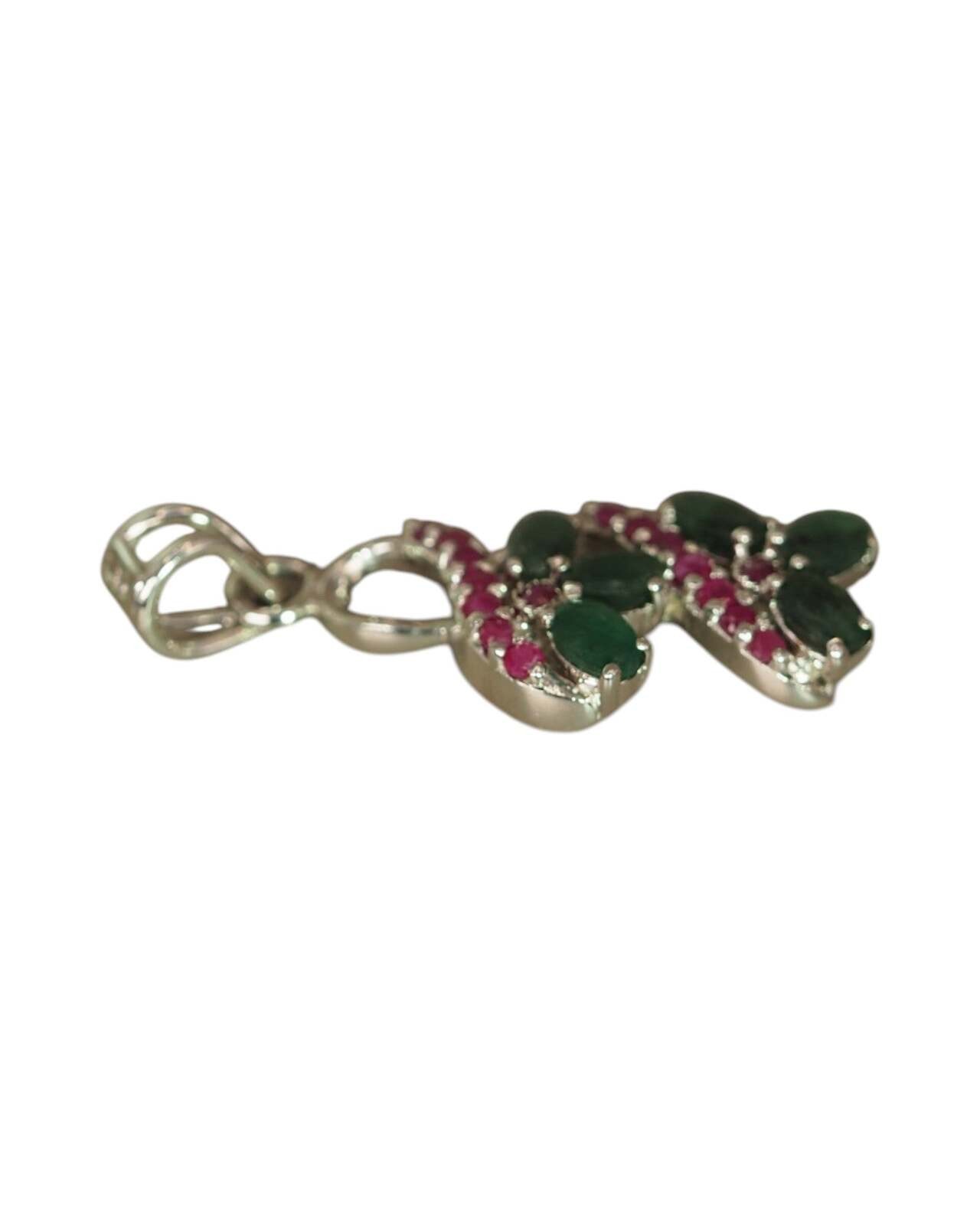Sterling Silver Green & Red Gemstone Floral Vine Pendant