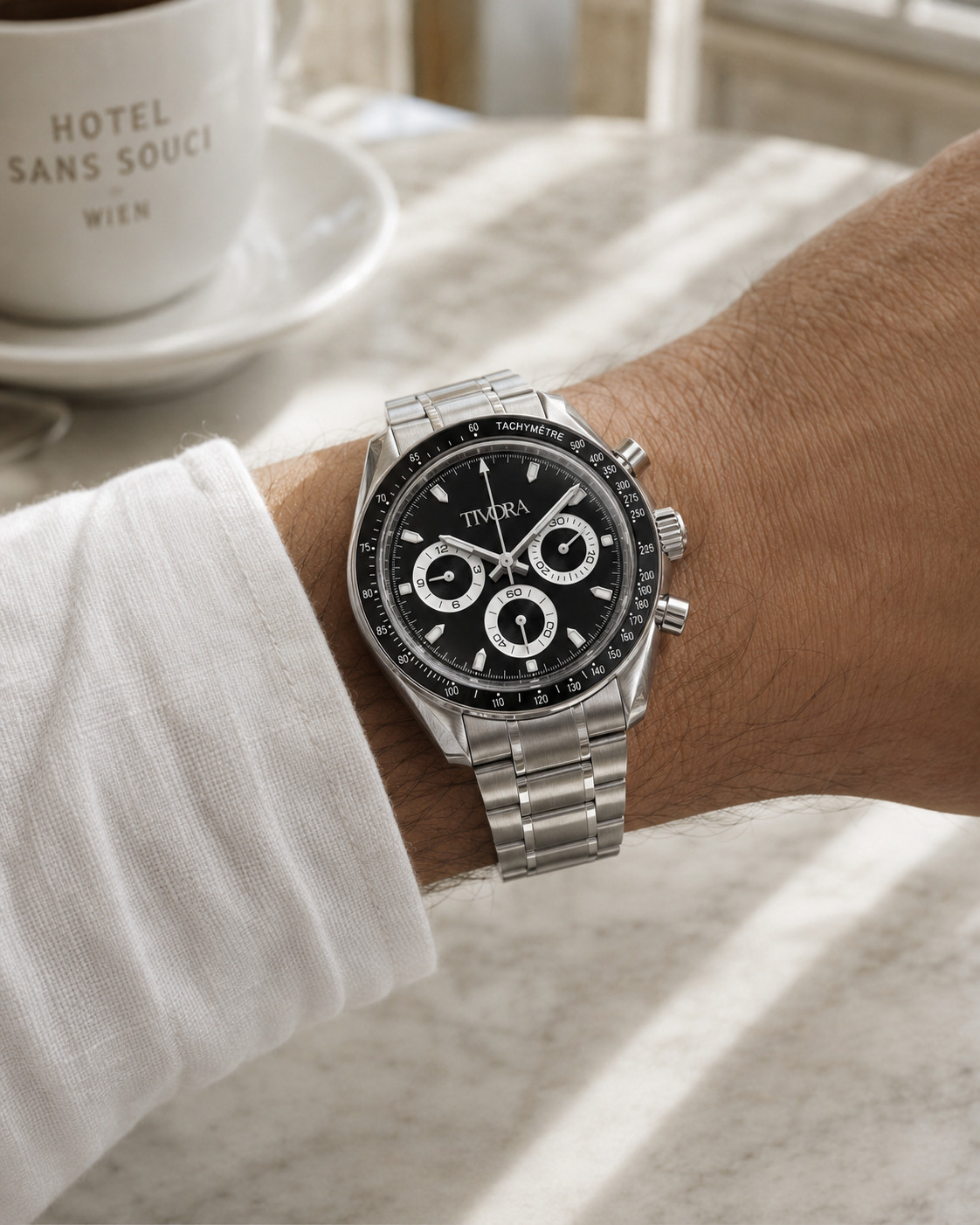 TÍVORÁ Veyron Argent Steel Onyx Dial – Custom Branded Automatic Chronograph Watc