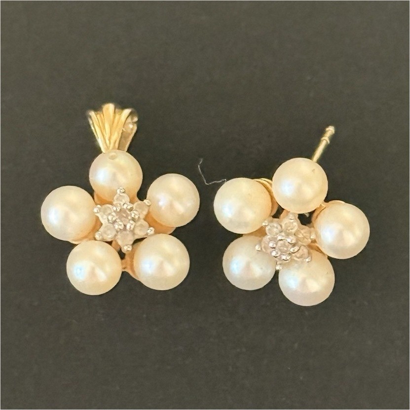 14k Yellow Gold Pearl Diamond Flower One Stud Earring One Pendant Simon’s 2 Gram