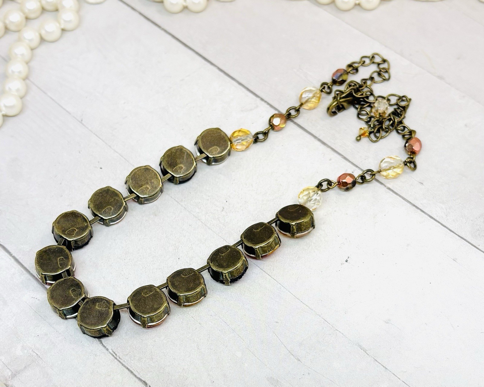 Brass Plated Orange Glitter Gold Cup Chain Statement Necklace With Beads