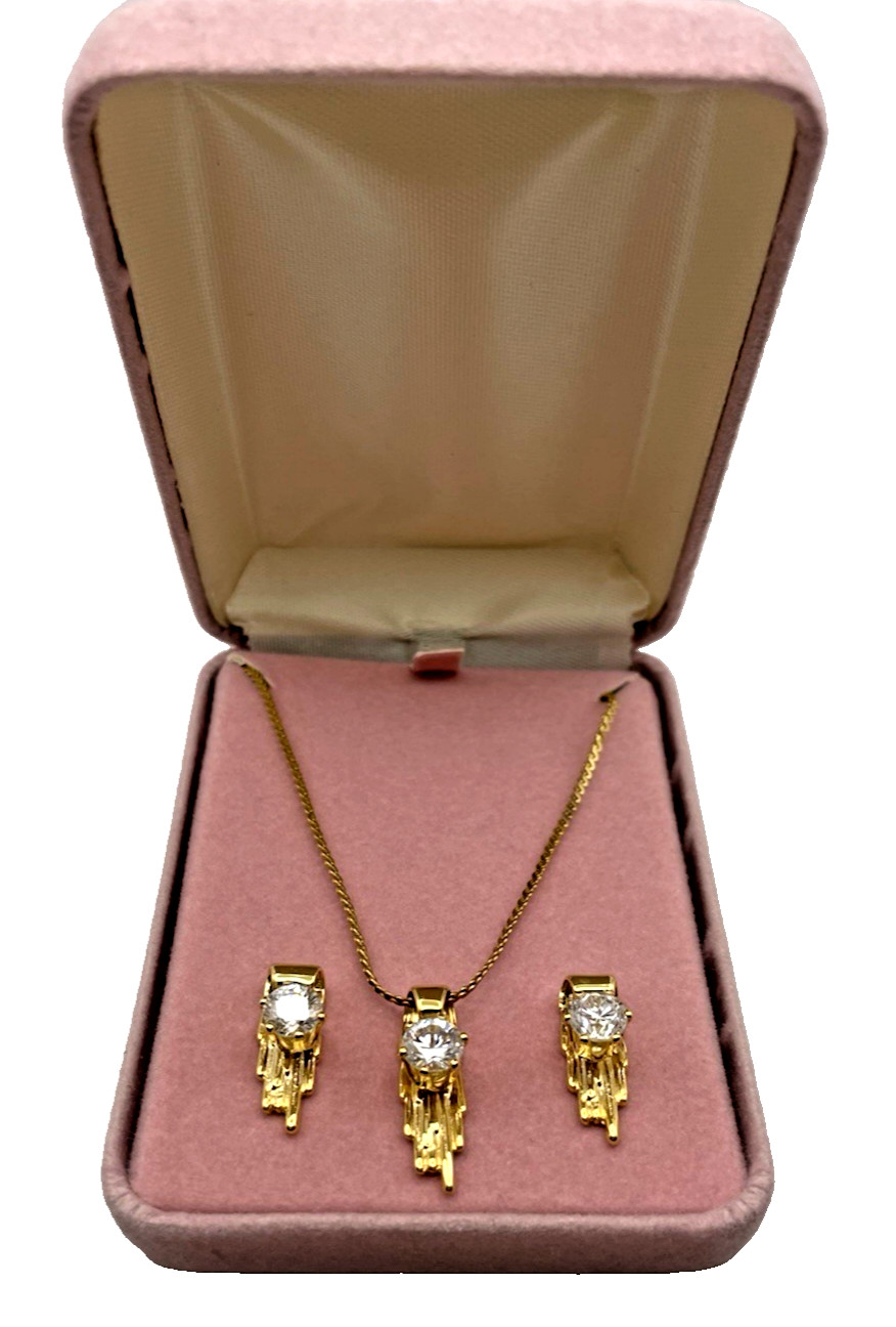 Vintage Art Deco Crystal Waterfall Fringed Gold Tone Jewelry Set