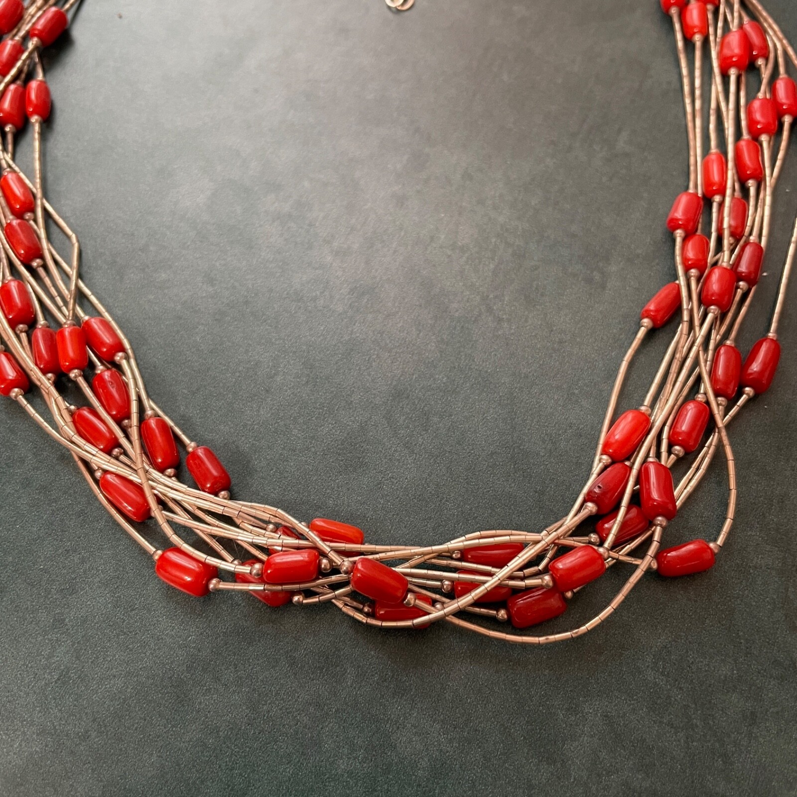 Coral Liquid Silver Necklace 22.5 Inches Sterling Silver 10 Strand Liquid Silver
