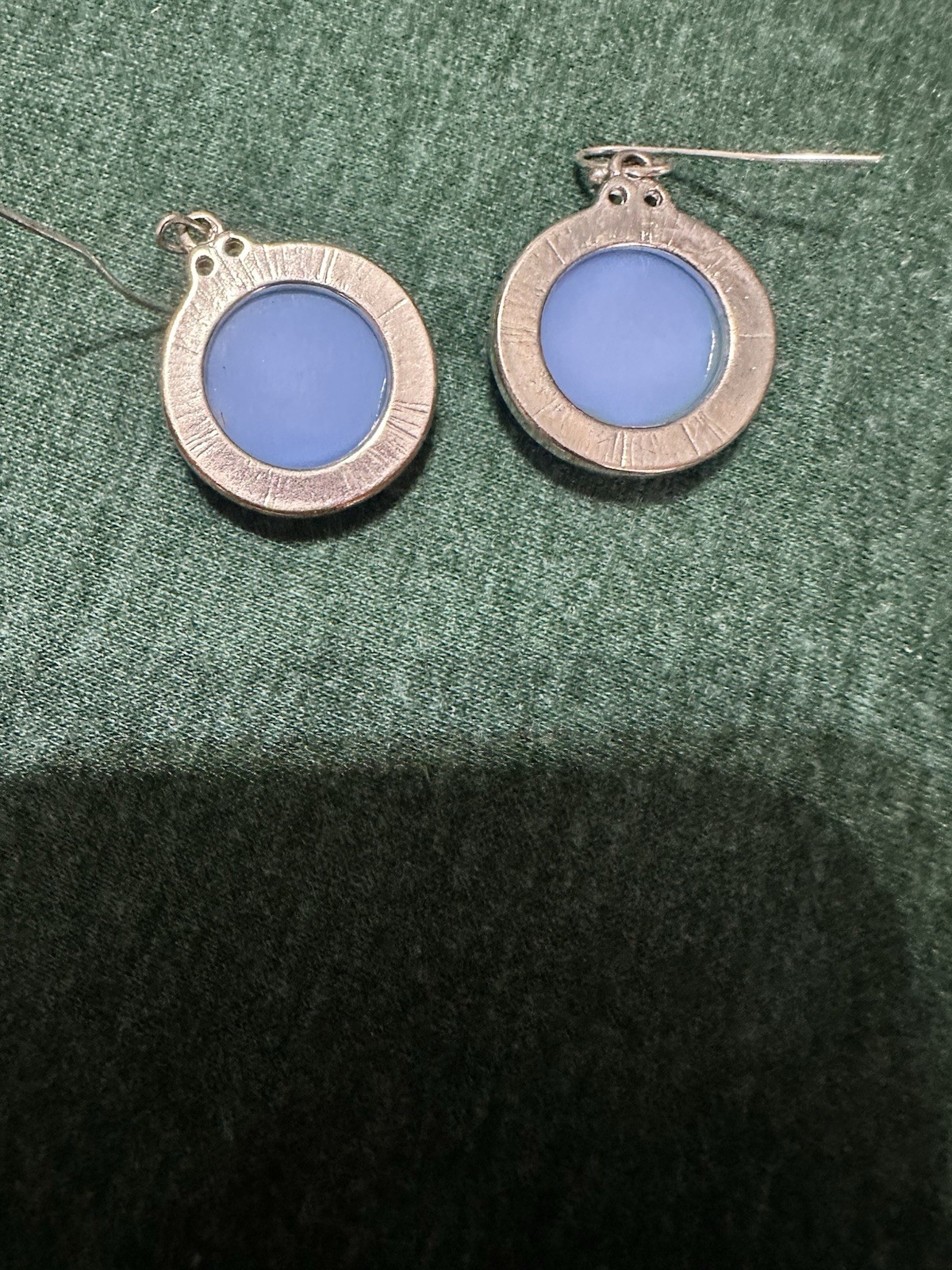 Blue Round Bezel-Set Stone Dangle/Drop Earrings Silver Tone Hook Closure