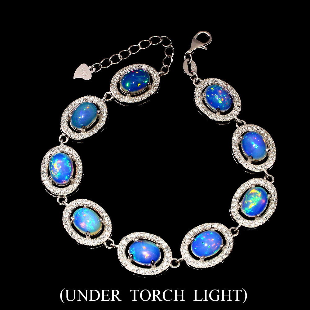 Unheated Oval Rainbow Fire Opal 7x5mm Cz 925 Sterling Silver Bracelet 9 Inchrs