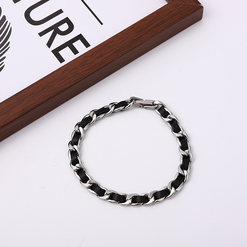 Black Leather Silver Cuban Jewelry Set Minimalist Necklace Bracelet Matching