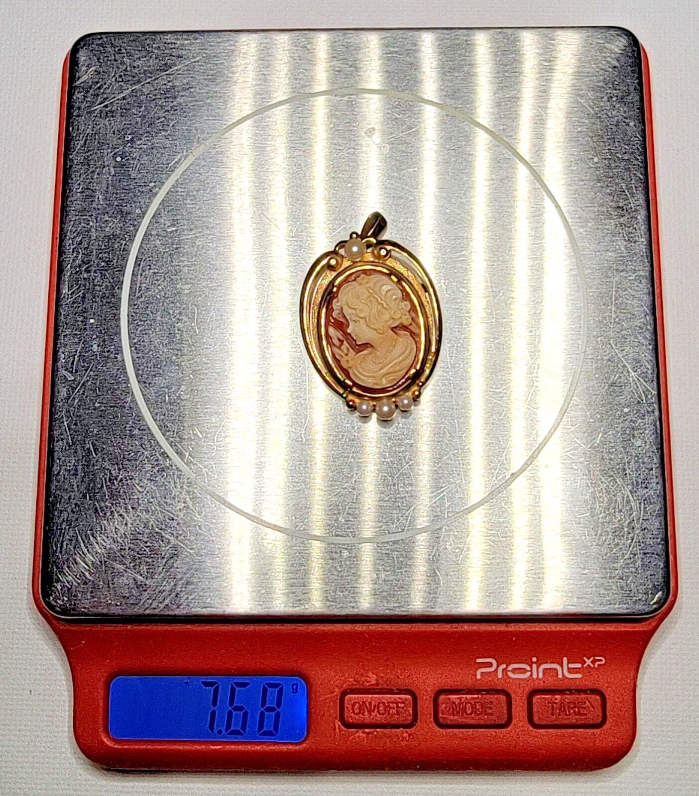 Vintage SIGNED S 10K Yellow Gold Carved Cameo Pearl Brooch / Pendant 7.68g
