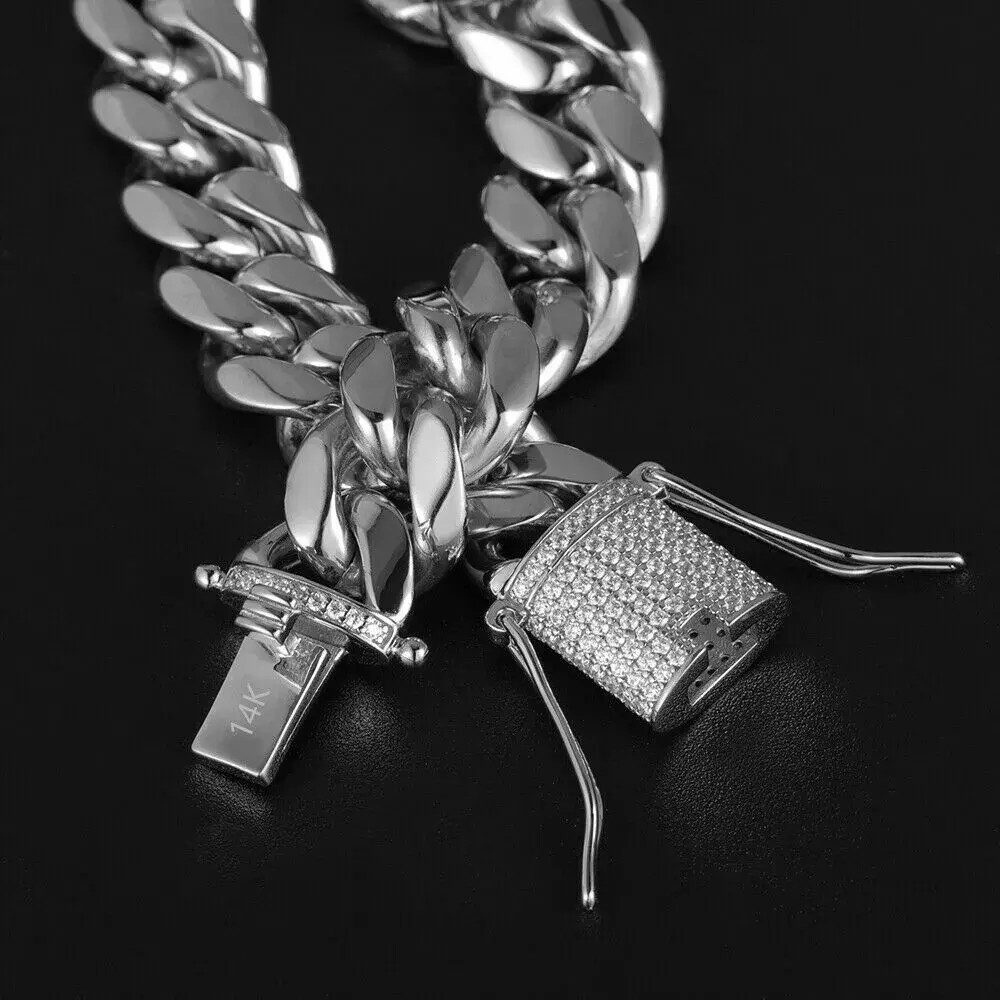 Miami Cuban Link Bracelet Chain Set White Gold Stainless Steel With CZ Clasp