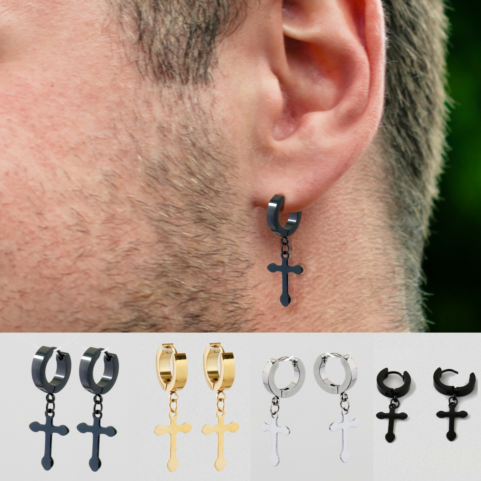 Men Cross Earrings,Cross Hoop Earrings,Cross Earrings, Hoop with Cross