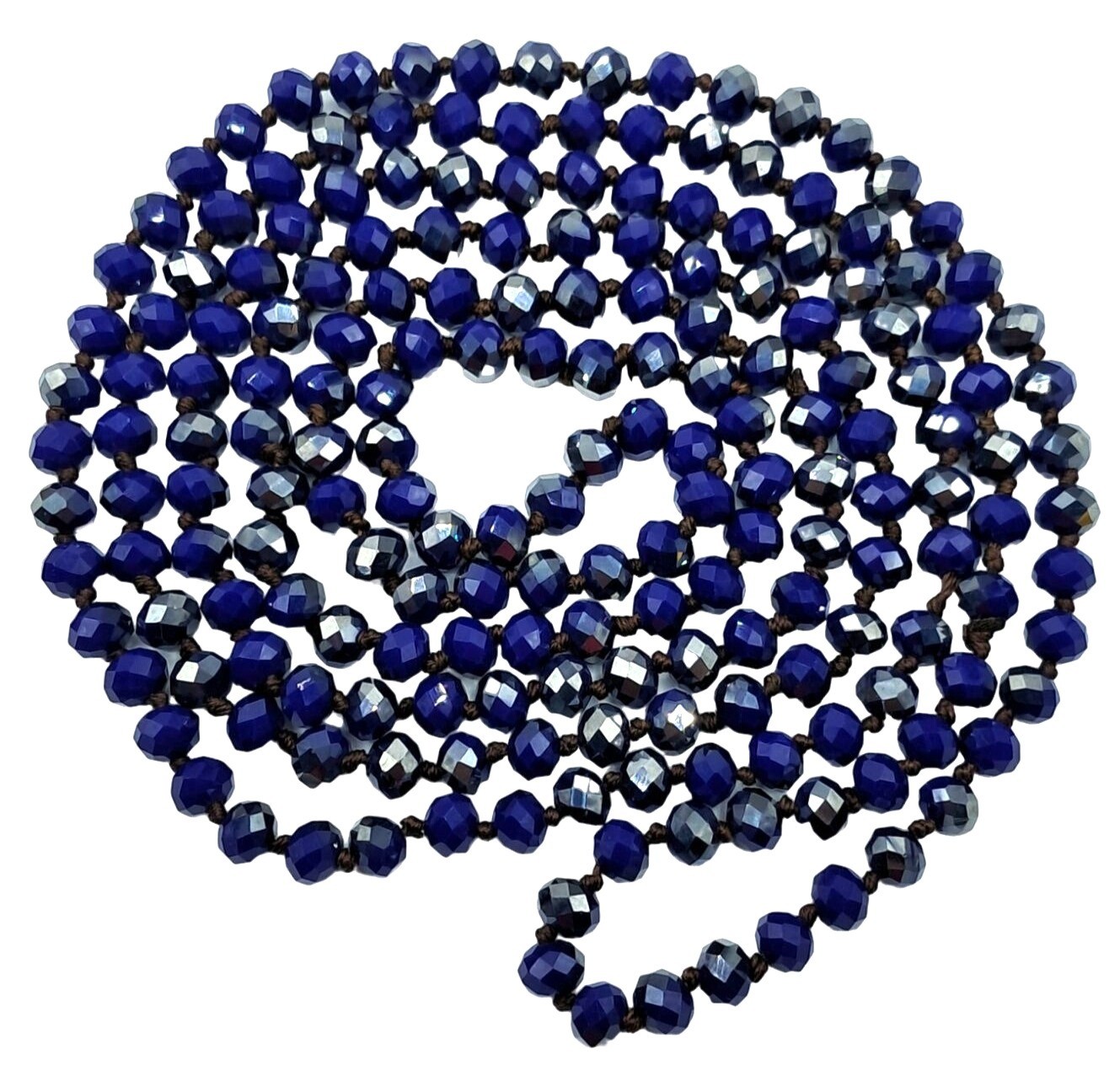 Vintage Glass Beaded Necklace Cobalt Royal Blue Silver Aurora Borealis Hand Knot