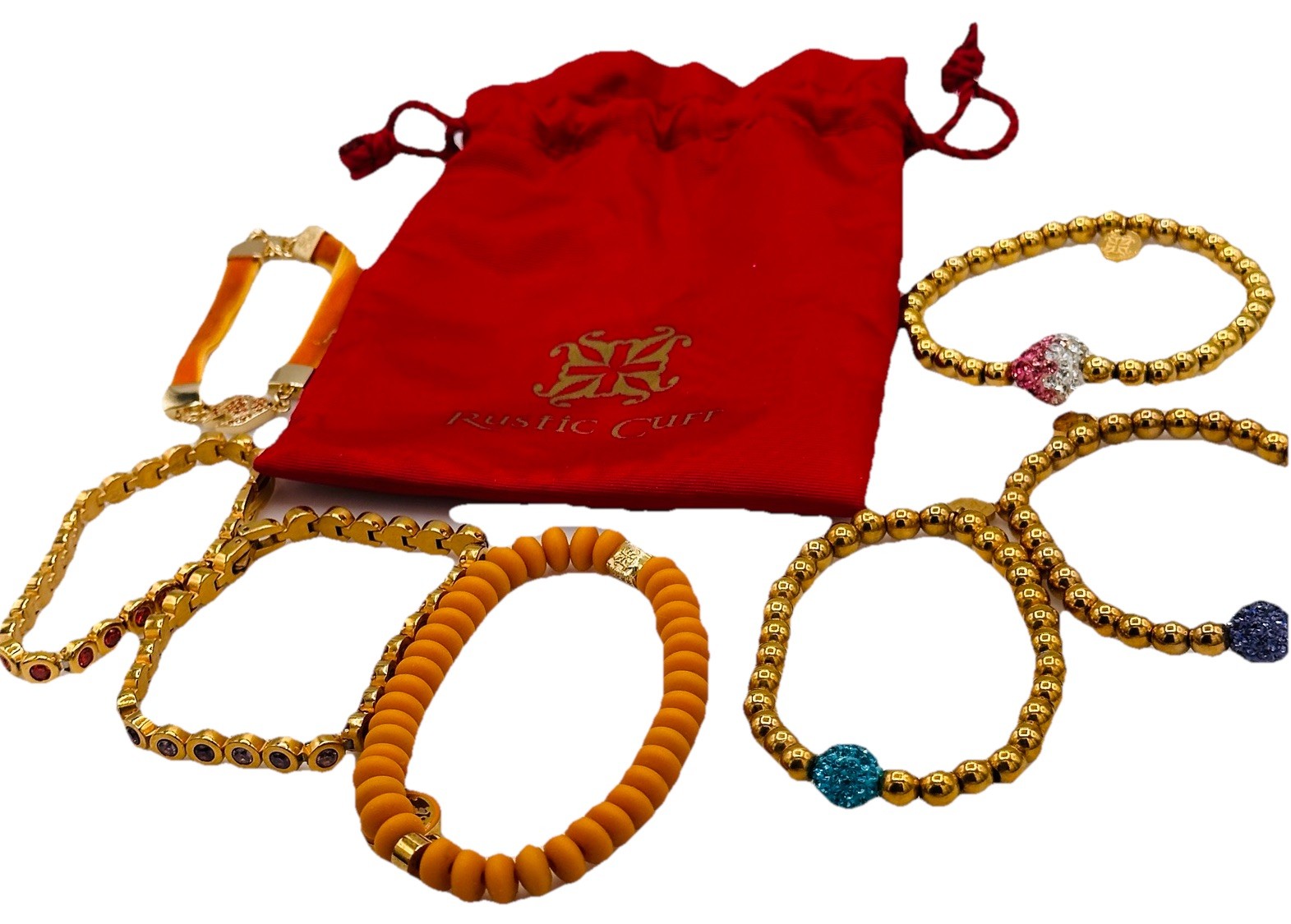 Rustic Cuff 7 Pc Bracelet Stack Gold Tennis Box Clasp Beaded Lot w/ Pouch