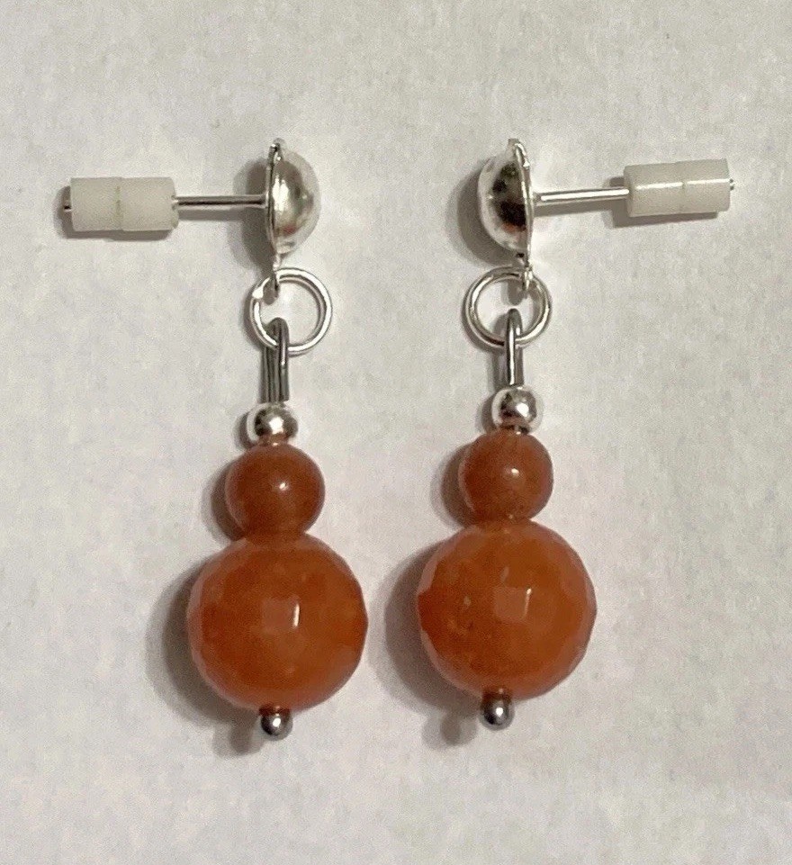 Handmade Orange Brown Aventurine Gemstone Dangle Stud Style Drop Beaded Earrings