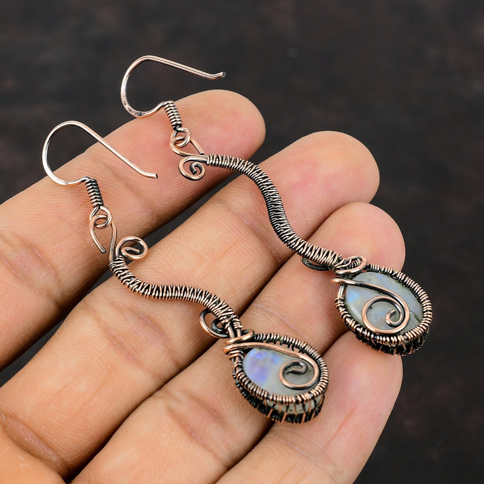 Rainbow Moonstone Copper Gift For Mother Wire Wrapped Drop/Dangle Earrings 2.72″