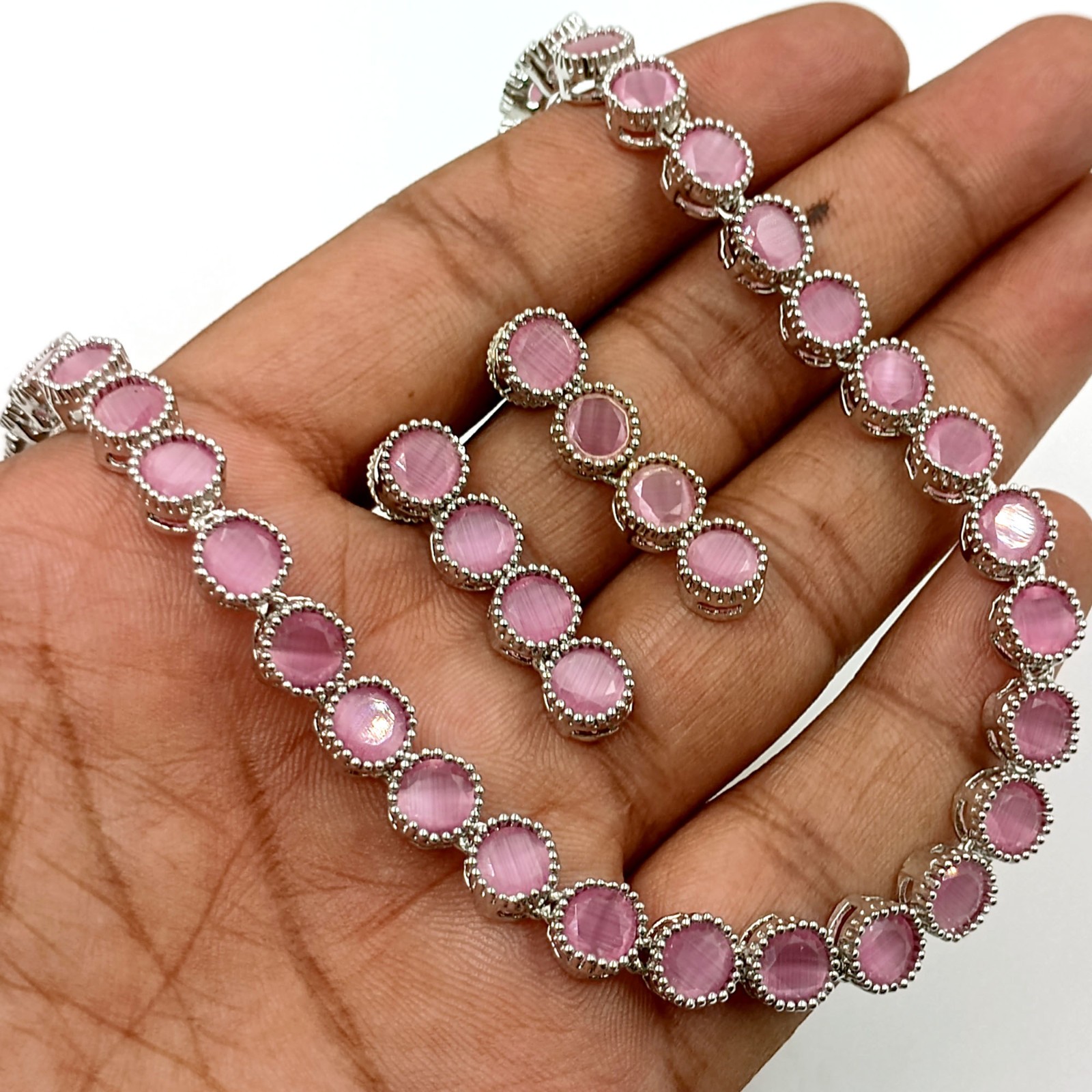 Rose Quartz Round Stone South Indian Necklace Set 22K Gold Plated Ethnic Jewelry