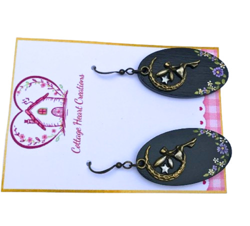 Artisan Hand Painted Black Moonlit Fairy Garden Wood Dangle Earrings Fairycore