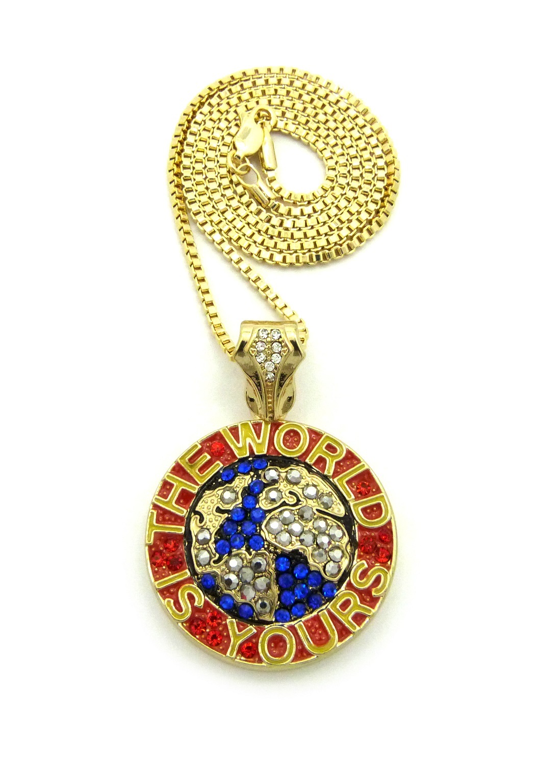 Hip Hop Micro Pave The World is Yours Pendant 2mm 24″ Box Chain Necklace MZ26GBX