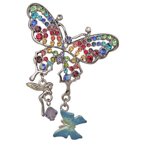Kirks Folly Rainbow Butterfly Pin w/Fairy Charm-Silvertone 2-1/8″ x 1-3/4″