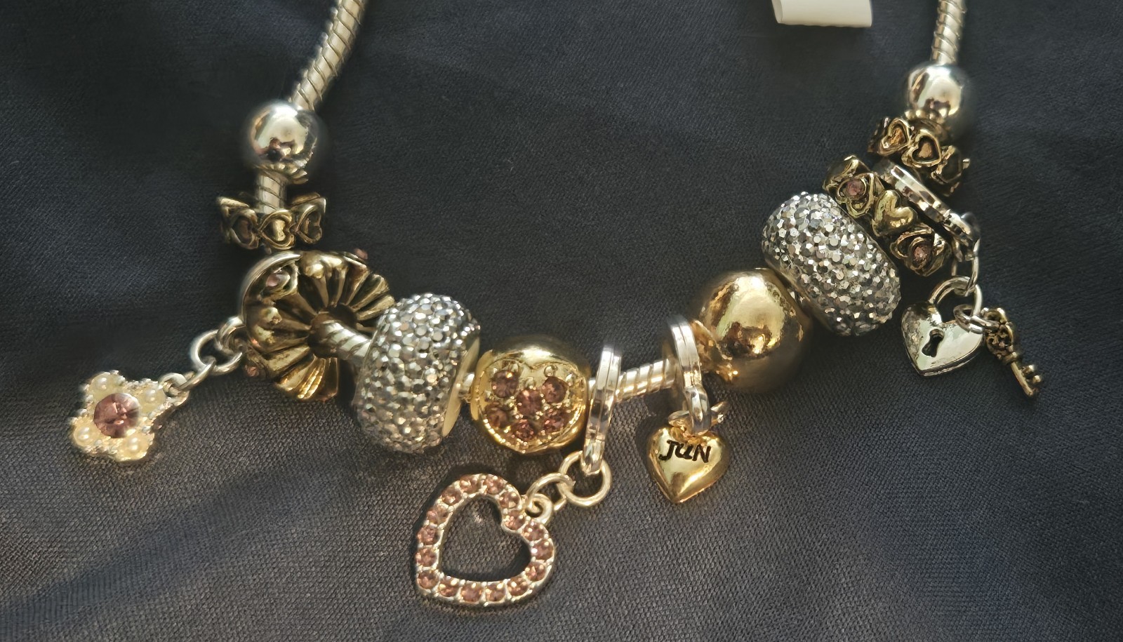 LANDAU Silver And Goldtone JUNE Charm Bracelet With Crystal Accents NWT