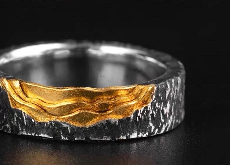 Golden Strata Ring, Handmade S999 Fine Silver Ring with 24K Layered Gold Inlay,