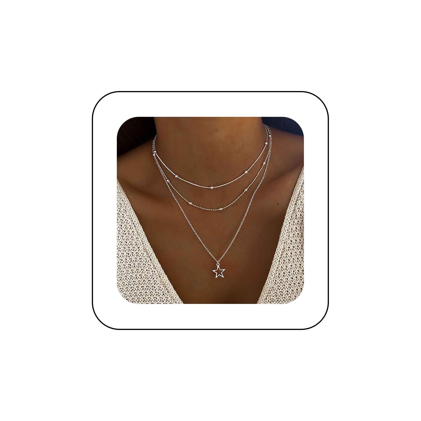Boho Layered Star Necklace Choker – Silver Pendant, Beads Satellite Chain, Vinta