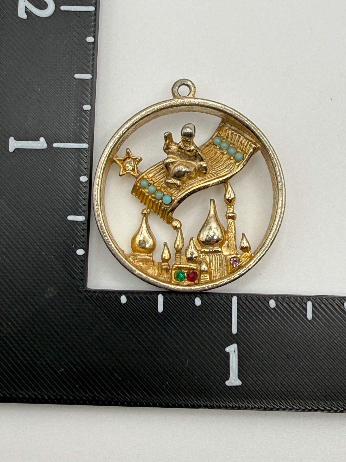 Vintage Aladdin themed Pendant Flying Carpet Gold Tone Rhinestones Storybook