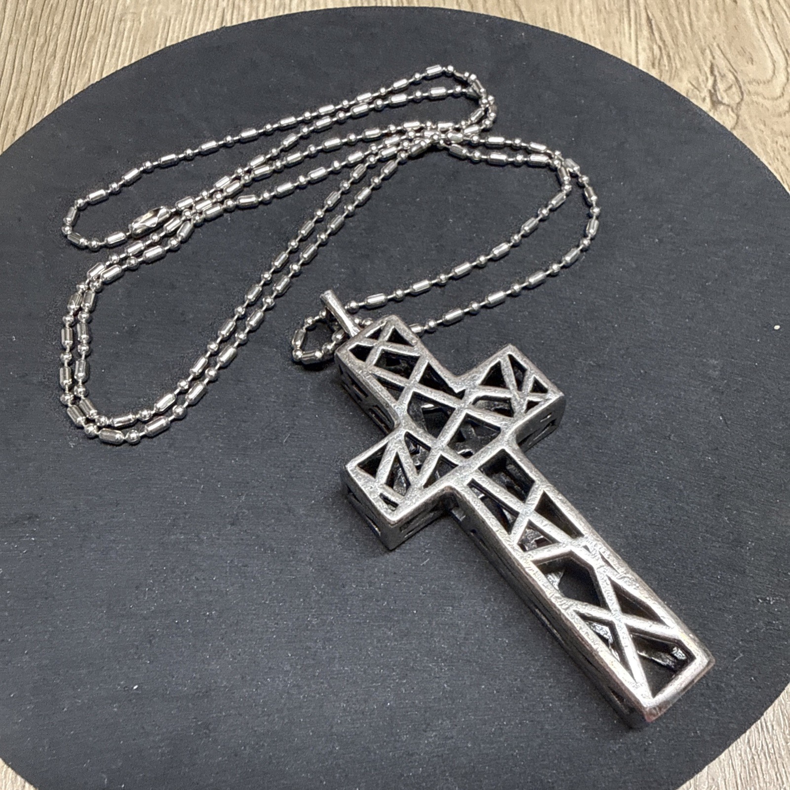 RETRO Chunky Openwork Cross Pendant Necklace Silver Tone 92cm/36″ Long Goth