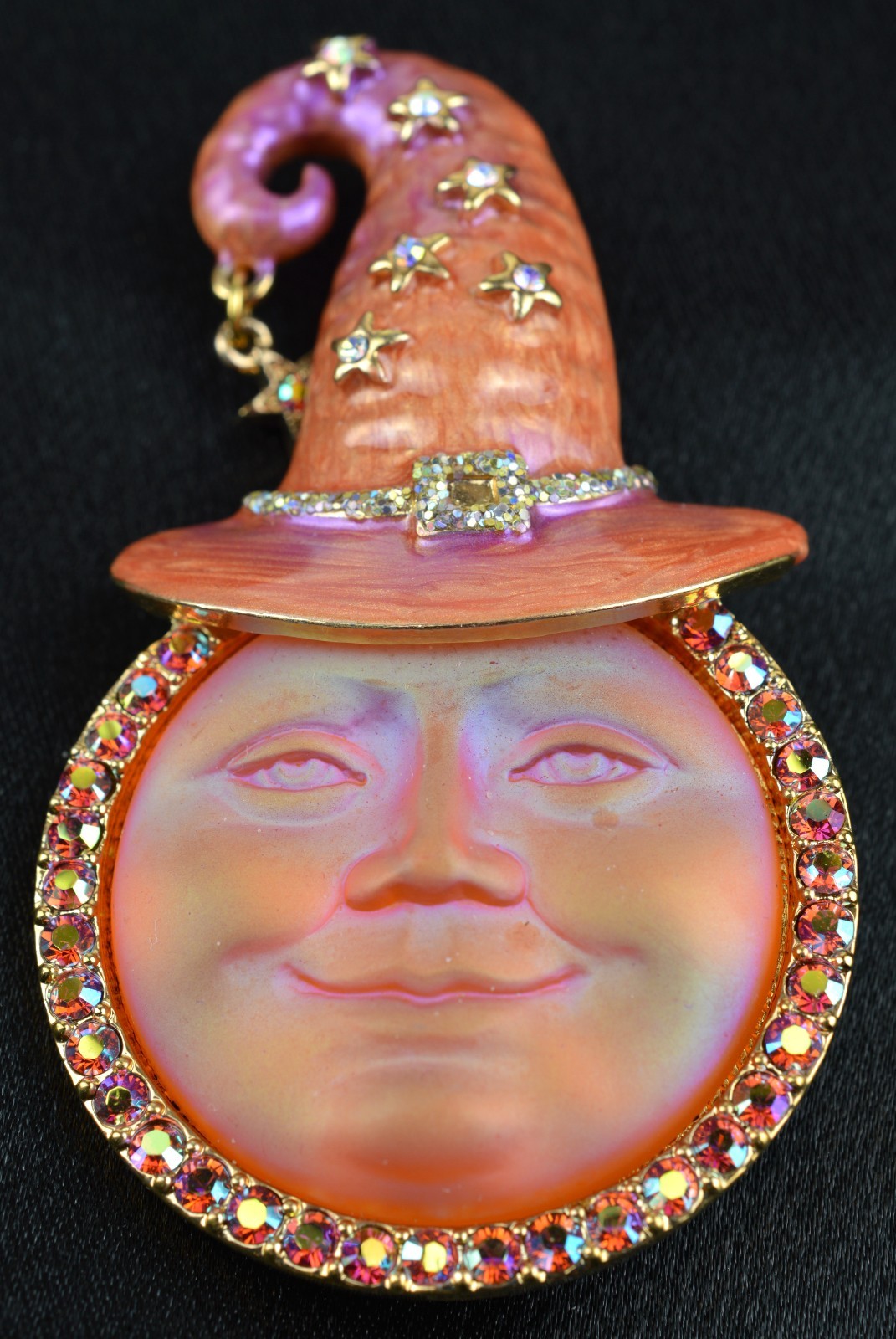 Kirks Folly Seaview Moon Witch Hat Brooch Pendant Orange Iridescent Glass Star