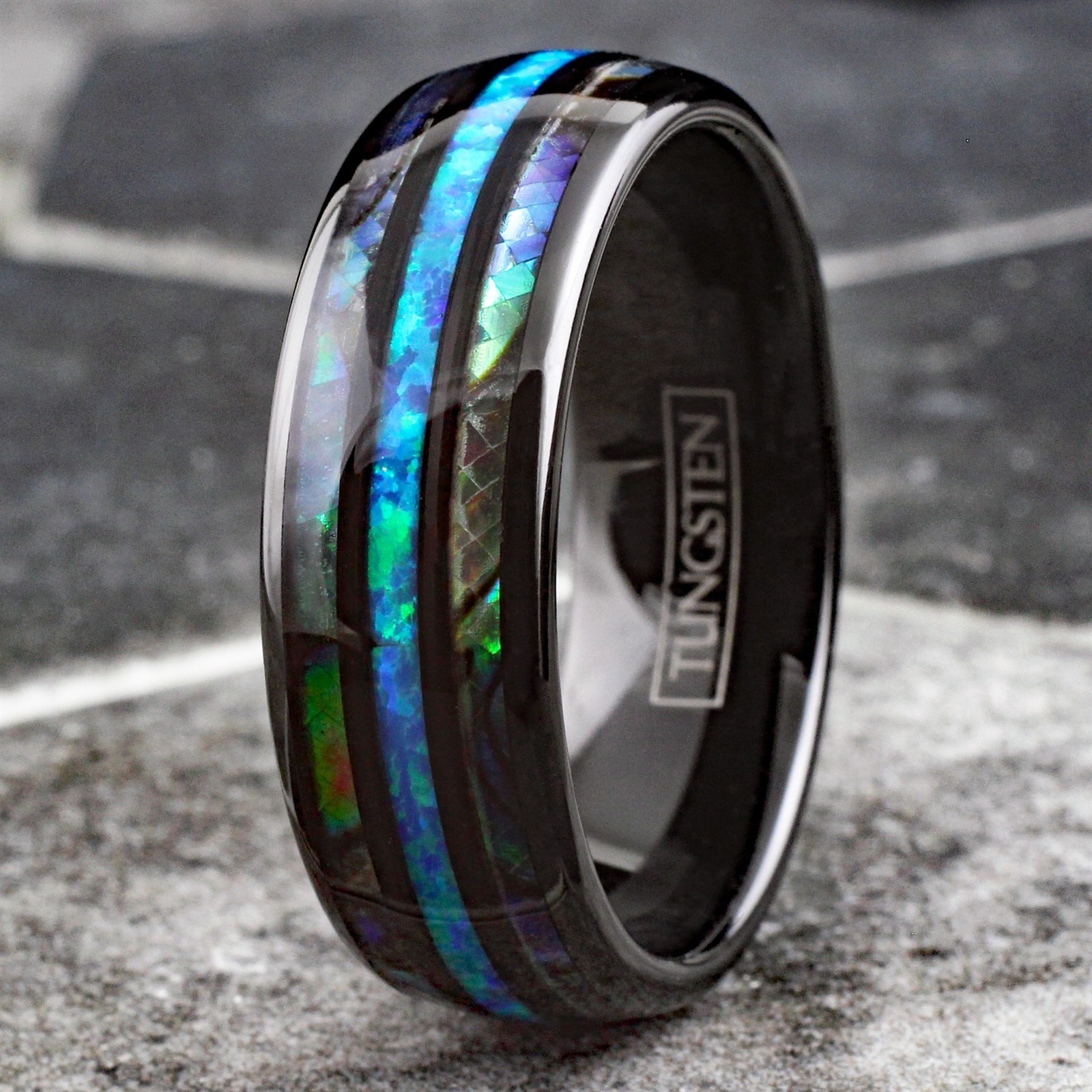 8mm Black Tungsten Carbide Abalone Hawaiian Blue Opal Men’s Wedding Band Ring