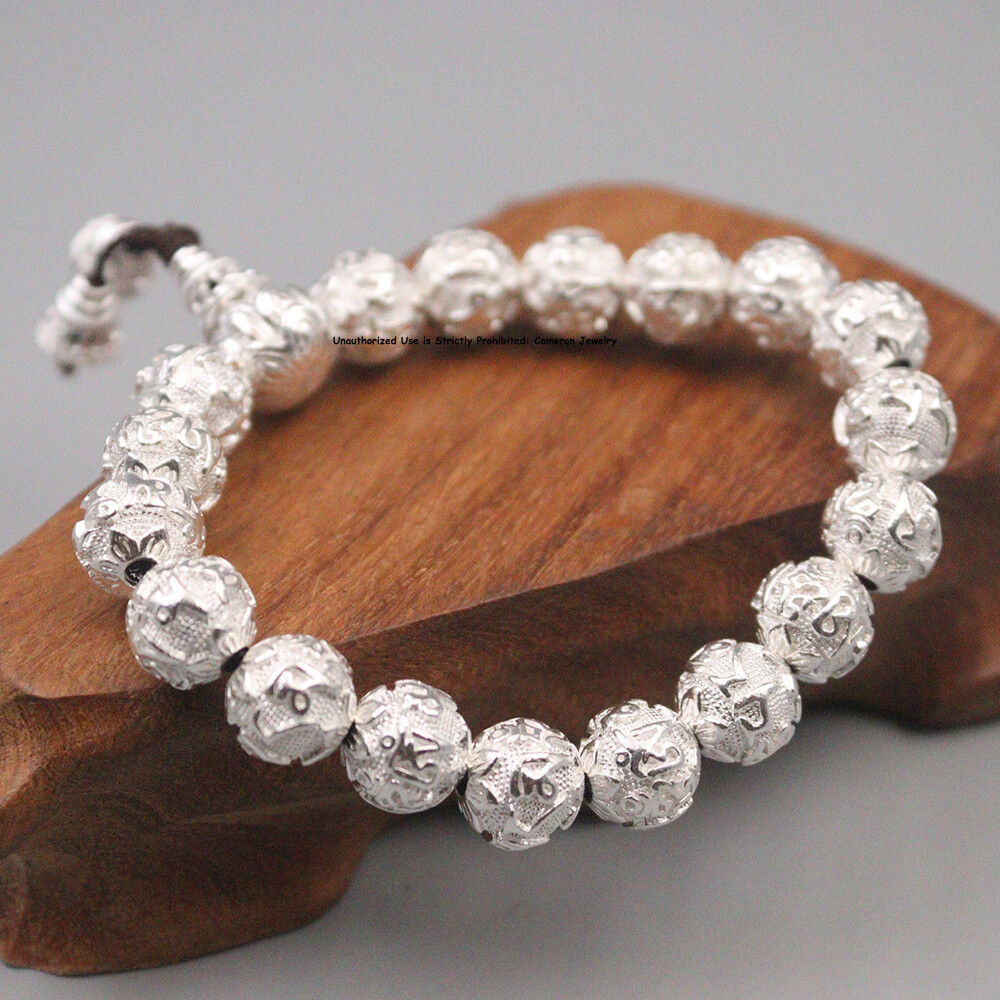 Pure S999 Fine Silver 999 Bangle 10mm Six Words Round Beads Bracelet 46-47g