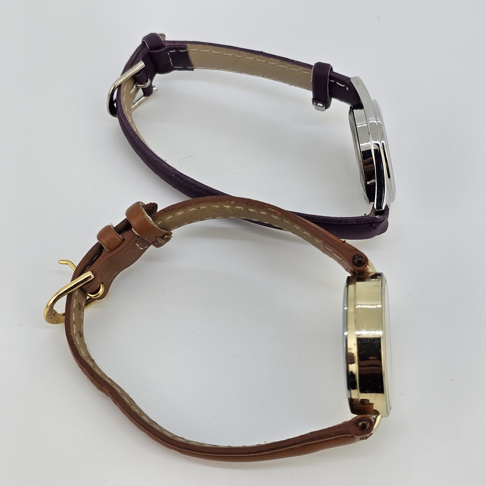 2X Women’s Watches Black Cream Dial Purple Brown Faux Leather Bands New Battery