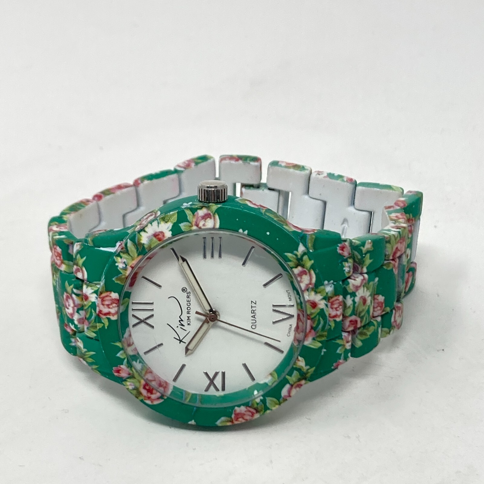 Kim Rogers Women’s Watch 39mm Green Pink Floral Spring Round New Battery 7″