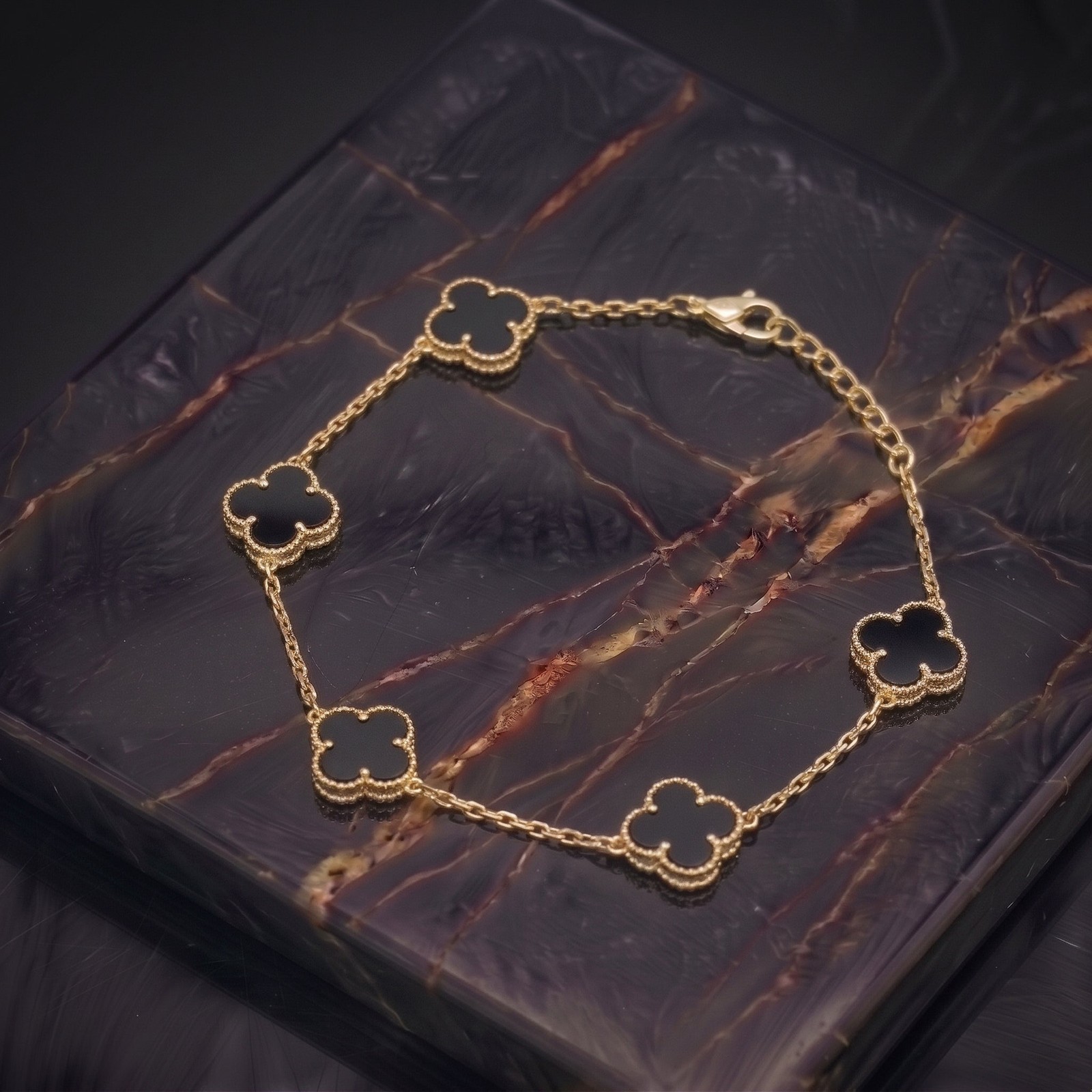 Black Onyx Clover Bracelet 14K Gold Over 925 Sterling Silver 7-8″ inch