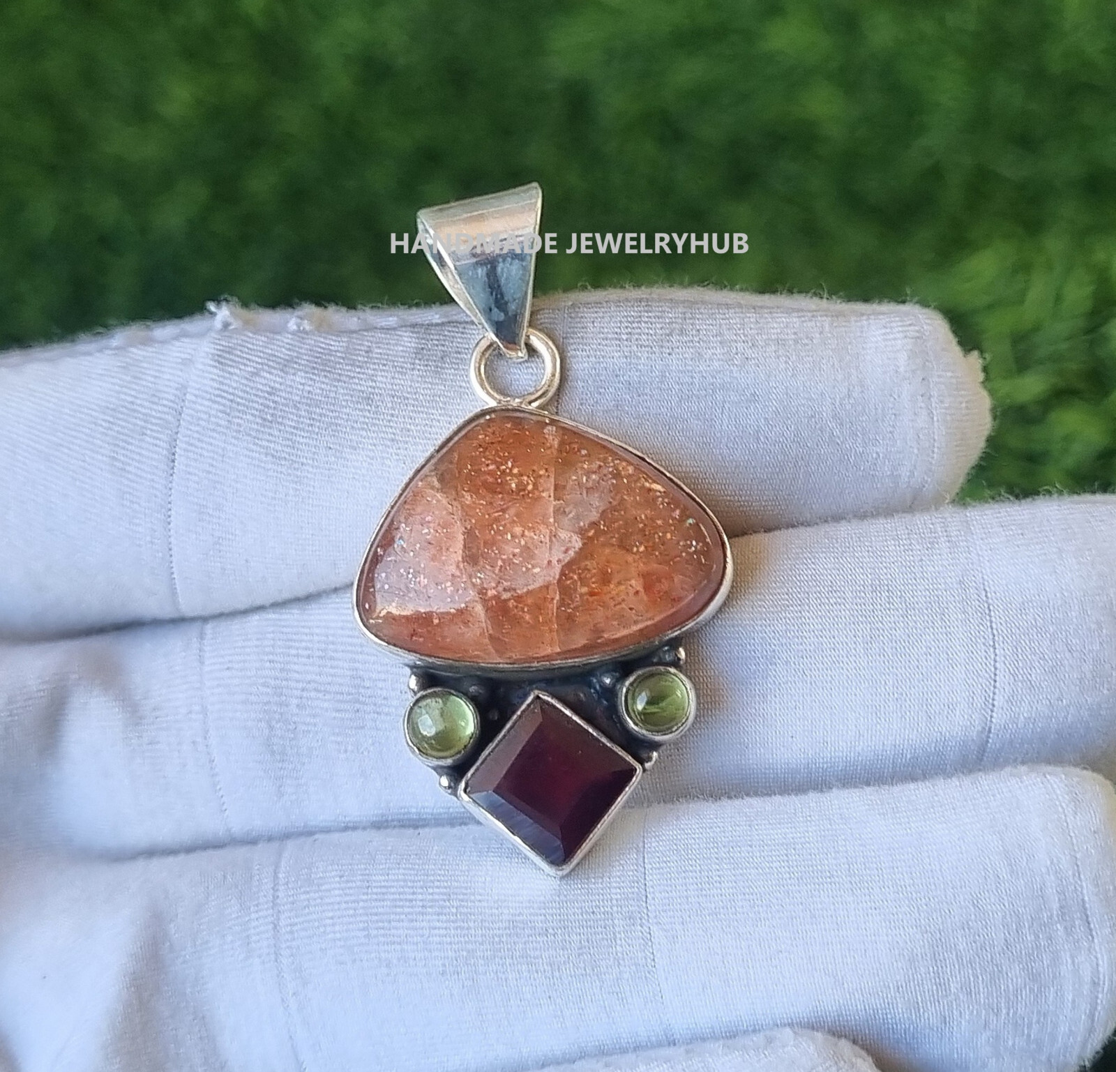Sunstone & Garnet Gemstone 925 Sterling Silver Handmade Pendant For Her PG2886