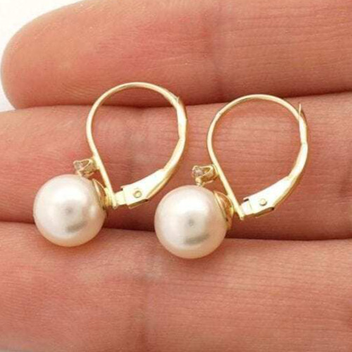 14K Solid Yellow Gold 7mm Diameter Ball Pearl And Zircon Leveback Earrings