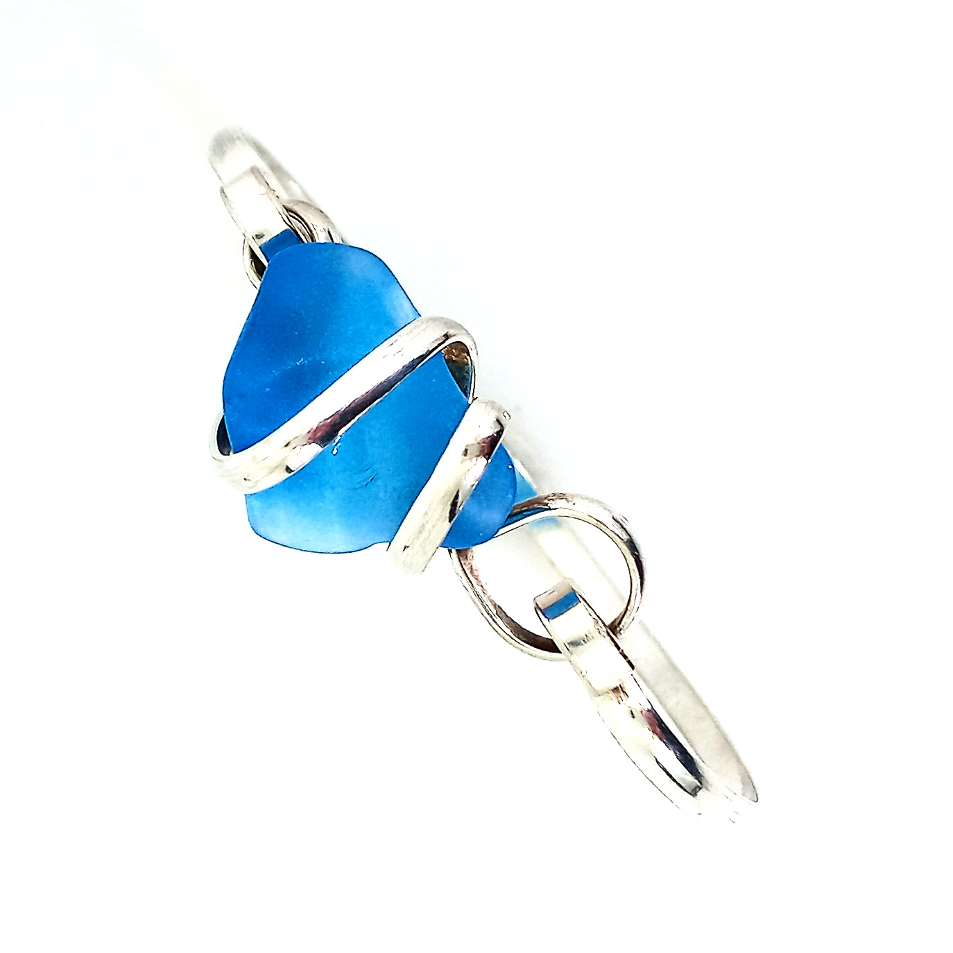 Vintage 925 Solid Sterling Silver Wrap Cobalt Blue Sea Glass Bangle Bracelet