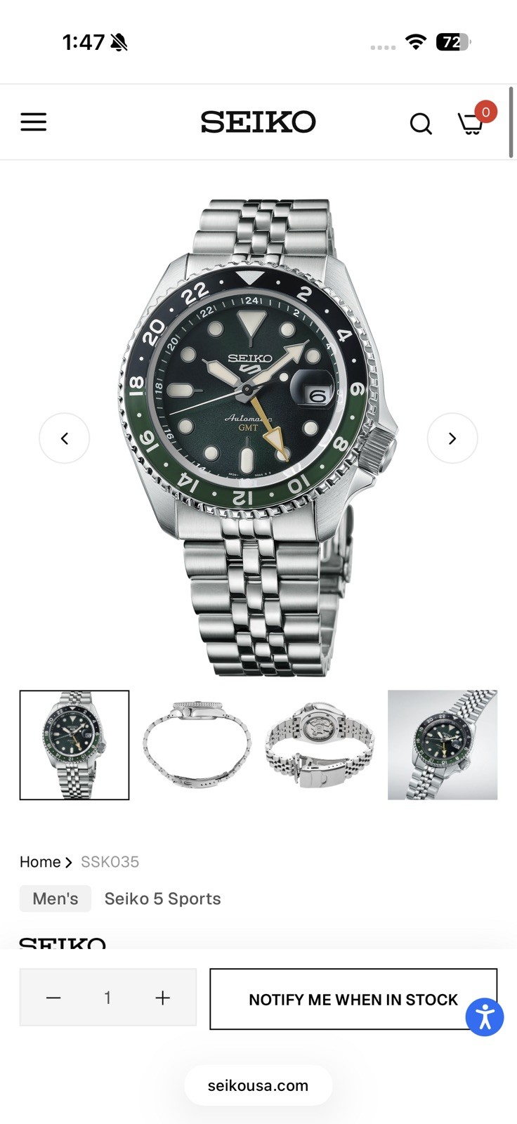 Unworn Seiko 5 GMT Automatic Watch Green Dial SSK035