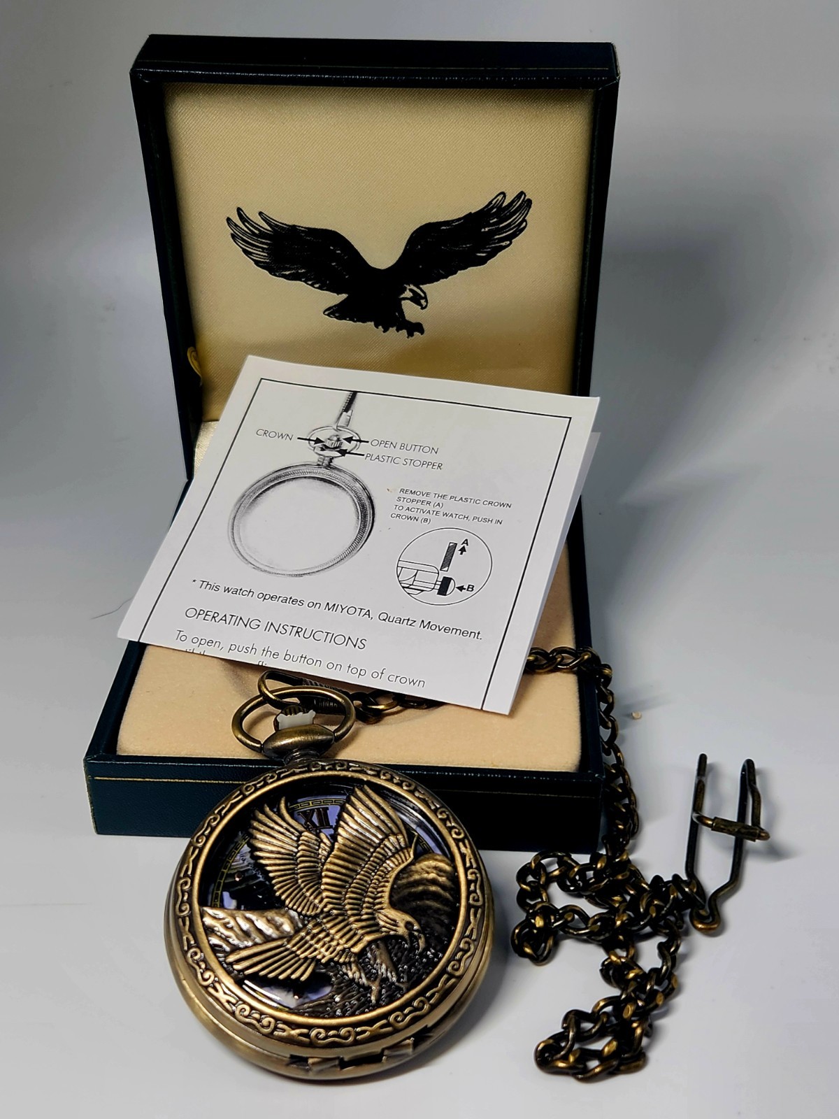 American Bald Eagle Pocket Watch Flying Raptor Vintage Style Bronze Collectible