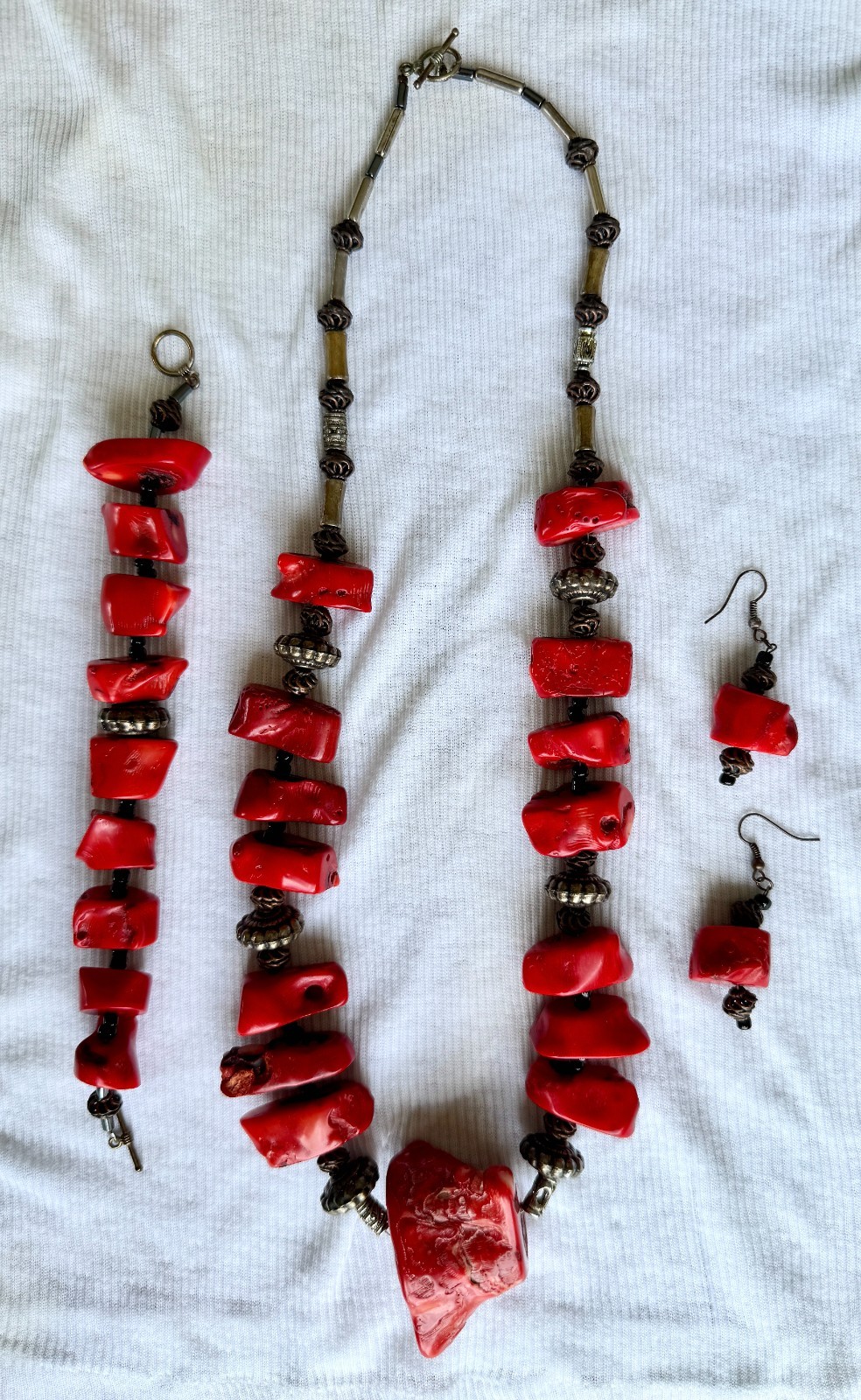 Vintage Chunky Red Bamboo Coral Style Necklace, Bracelet & Earrings-Large Boho