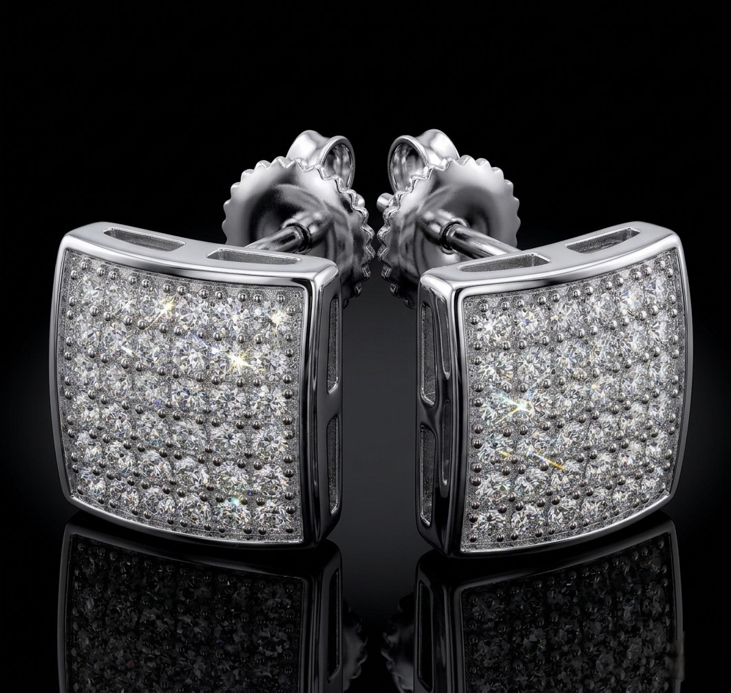 Mens Square Created Diamond Stud Earrings 925 Sterling Silver White Gold