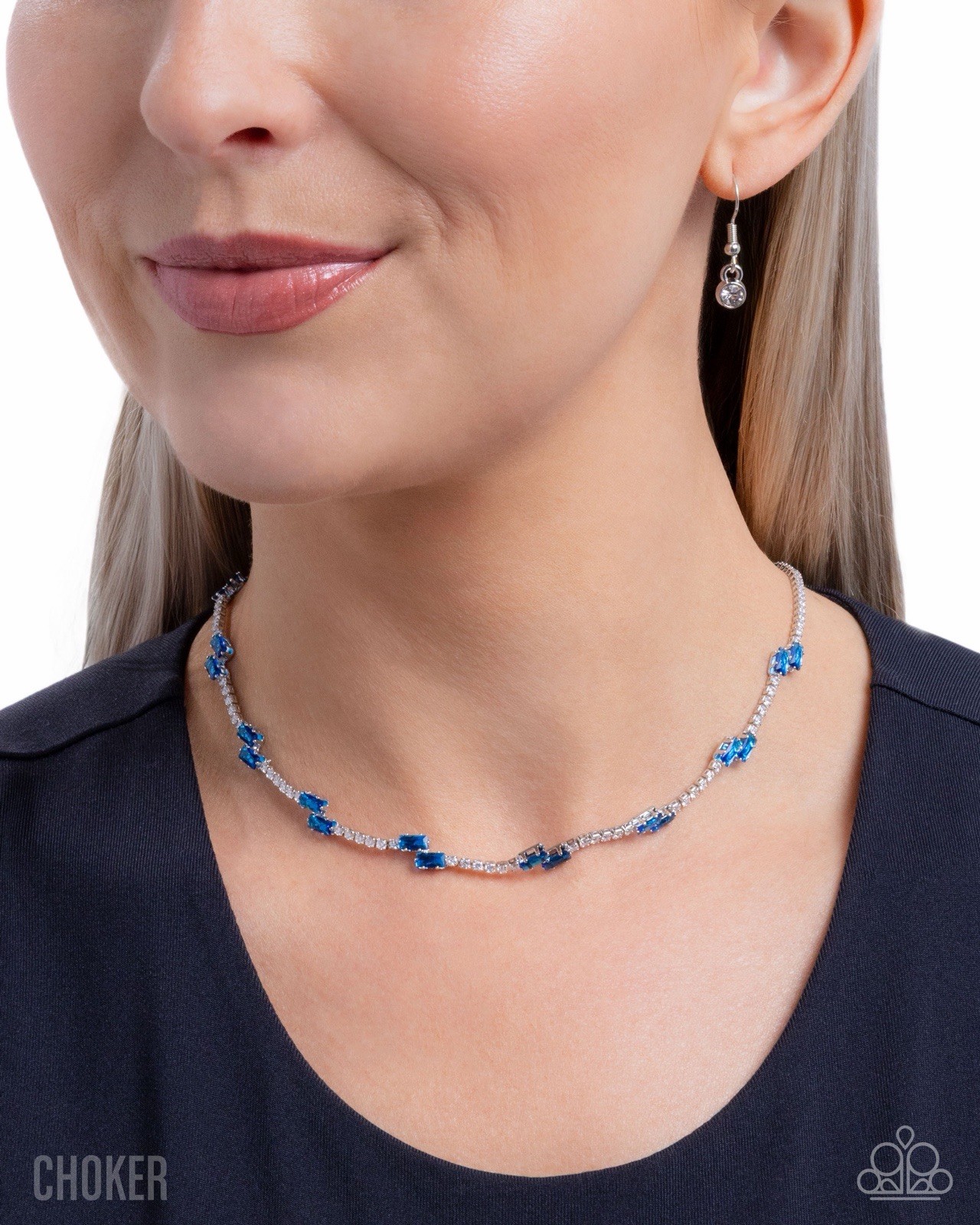 Paparazzi Jewelry Sliding Shine Necklace Blue W/White Rhinestones Choker New