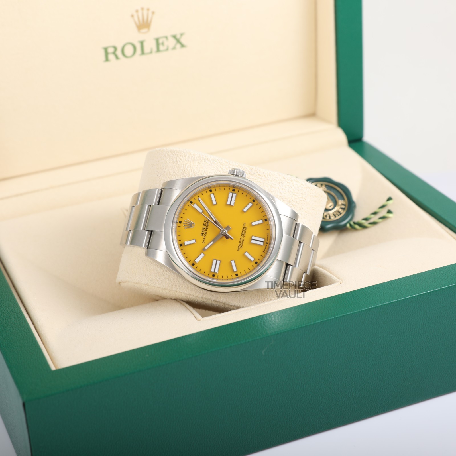 Rolex Men Oyster Perpetual 124300 Steel 41mm Watch Custom Yellow Index Dial B&P