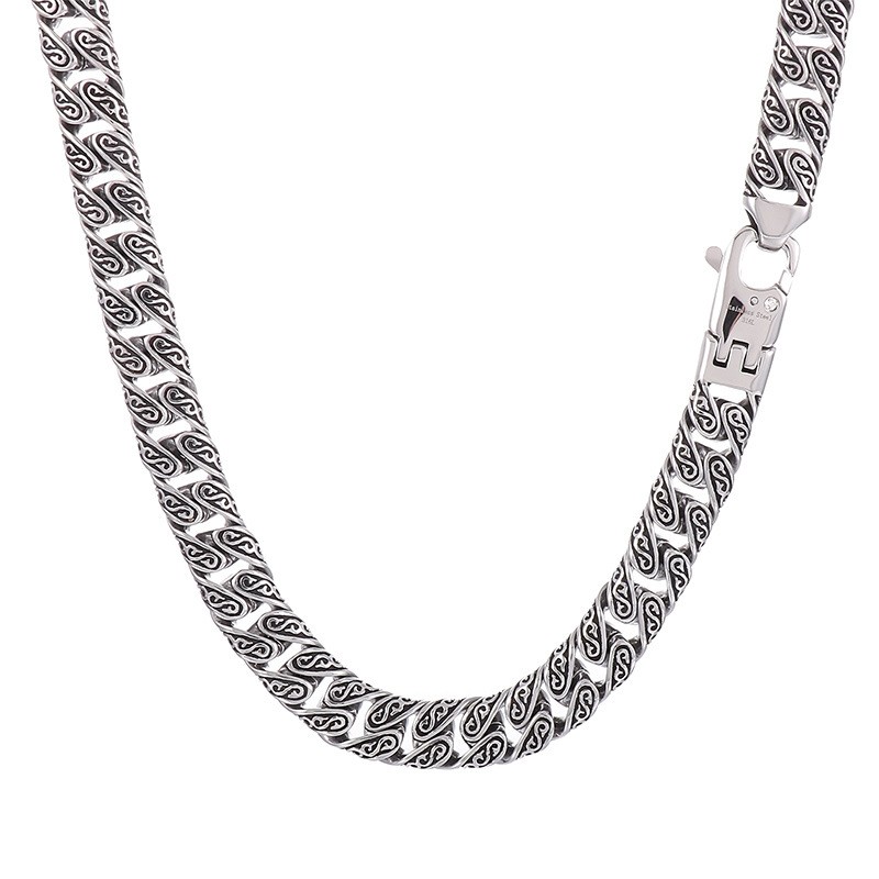 Men Vintage Distressed Silver Titanium Steel Necklace Bracelet Set Hip Hop Punk