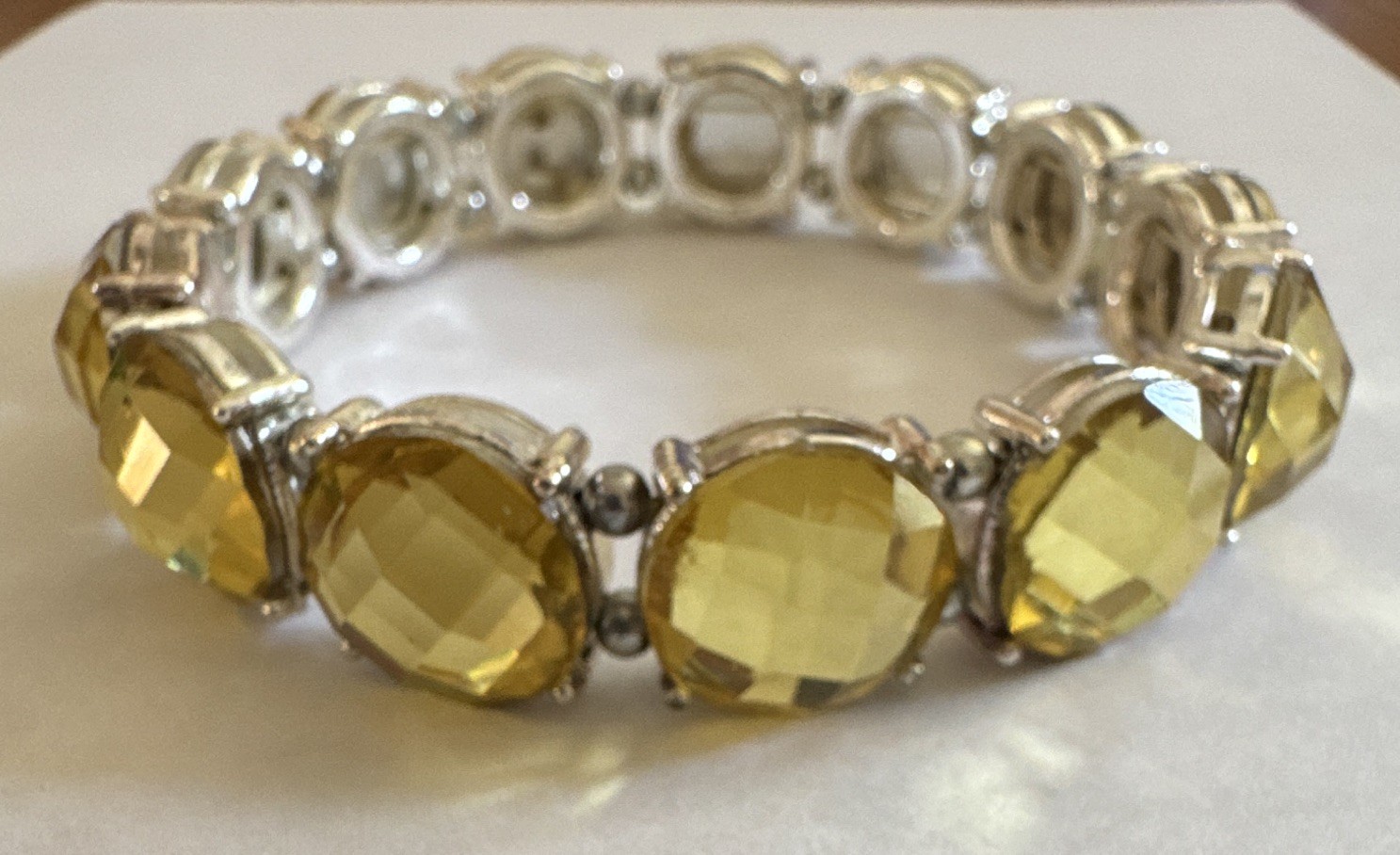 Silver Tone Yellow Faceted Crystal Stretch Bracelet