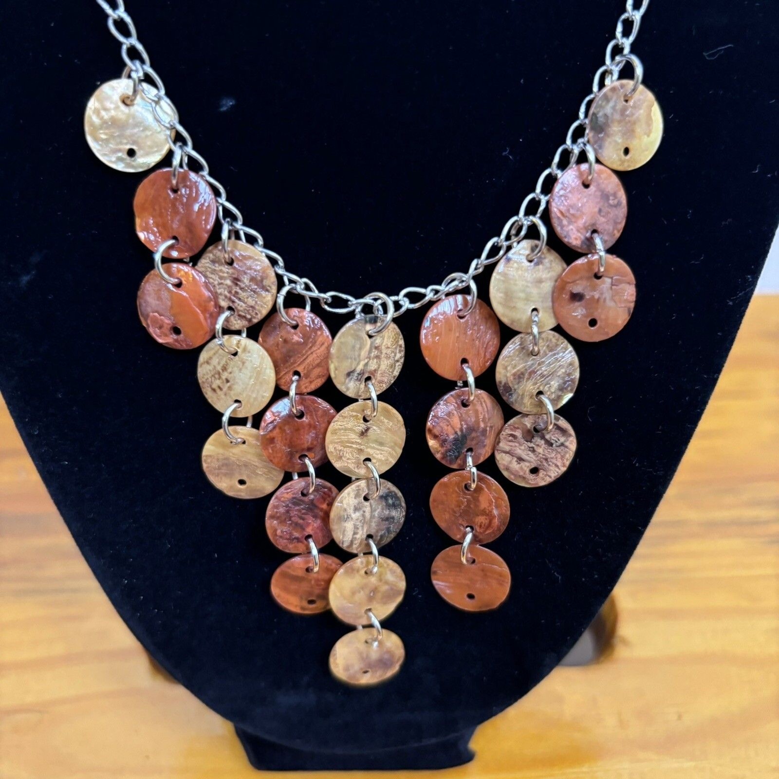 Bohemian Shell Necklace Gold Rust Ivory Brown Cream Dangle