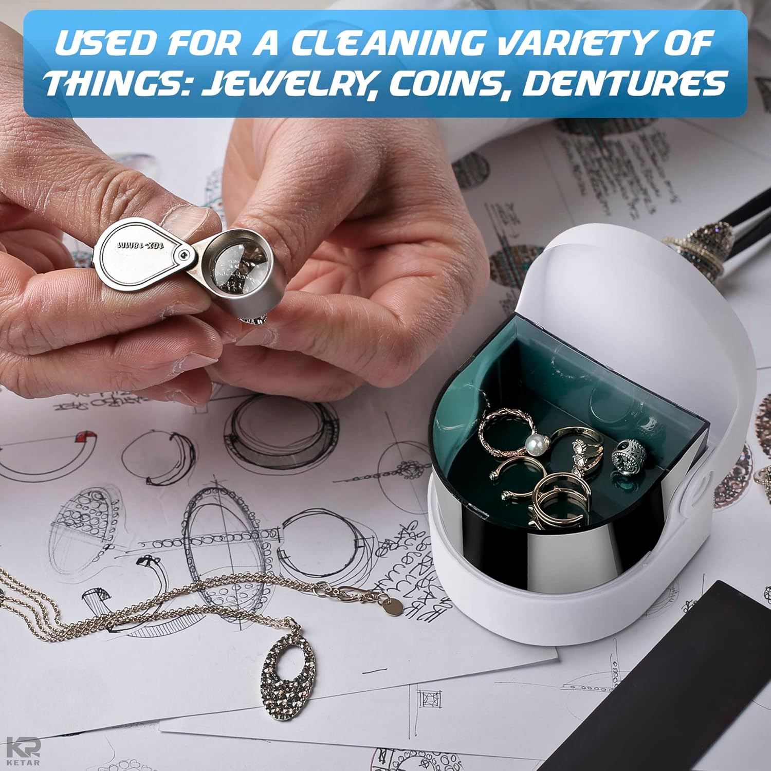 Sonic Cordless Denture Cleaner for Jewellery Ring, Necklace, Coins & Dentures…